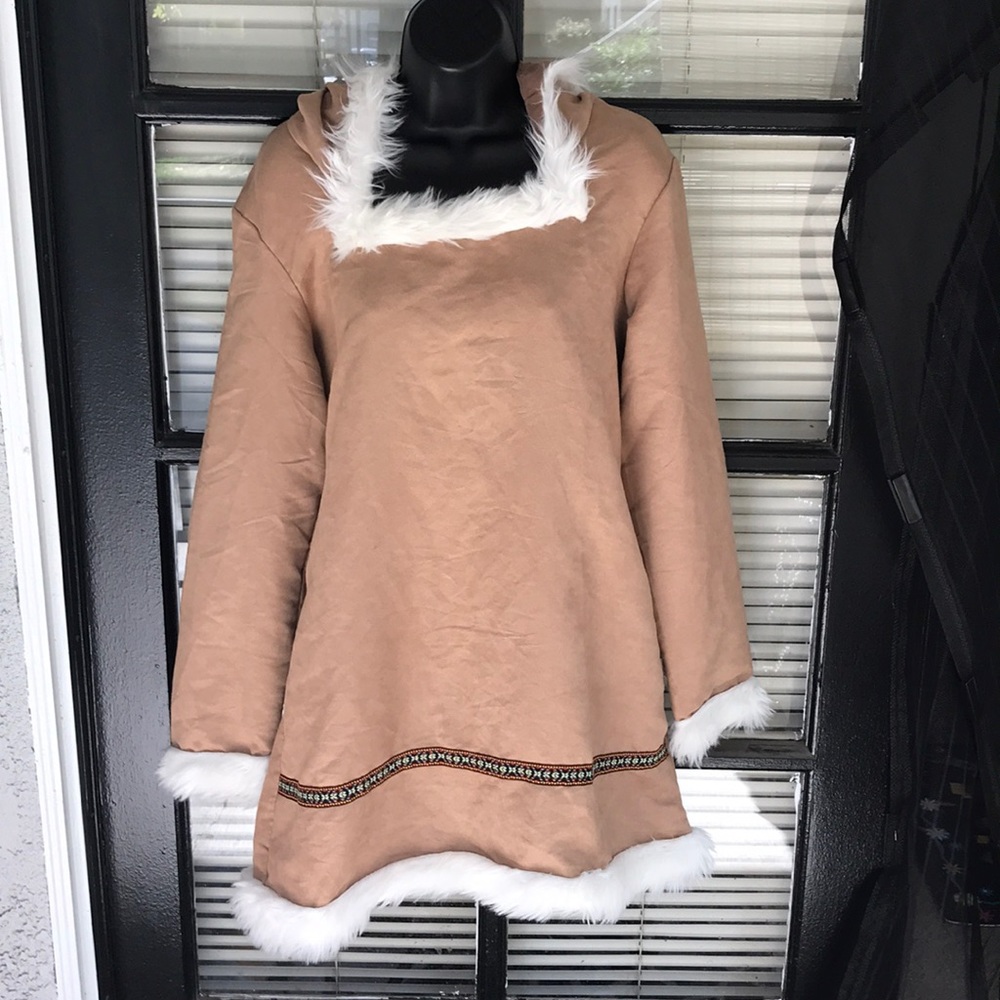 Cream Long Sleeve Cowl Neck Fur Edge Dress